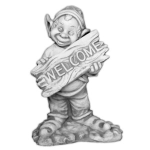betonowy skrzat z napisem welcome